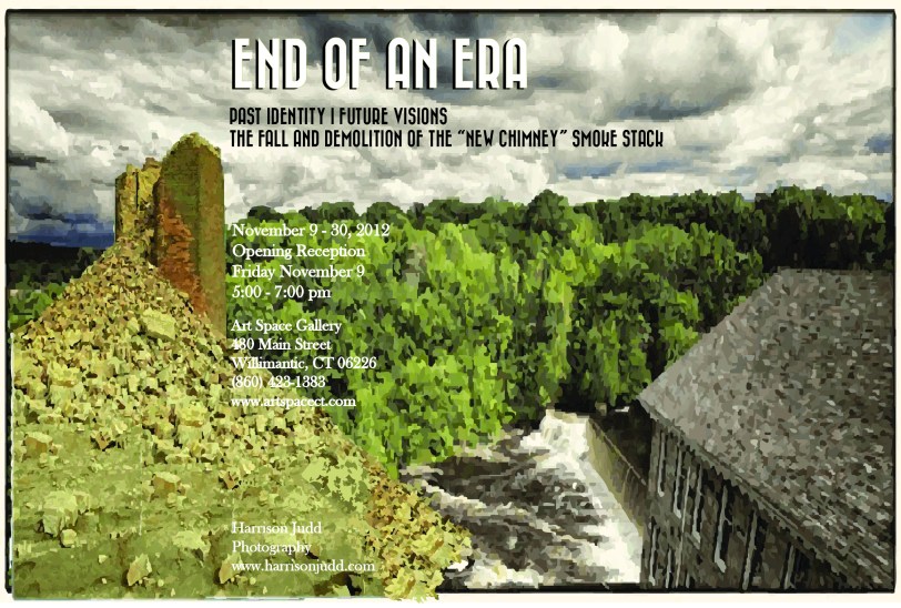 Accompanying postcard for the ArtSpace exhibition, end of an era, utilizing photography from the demolished chimney smoke stack. 